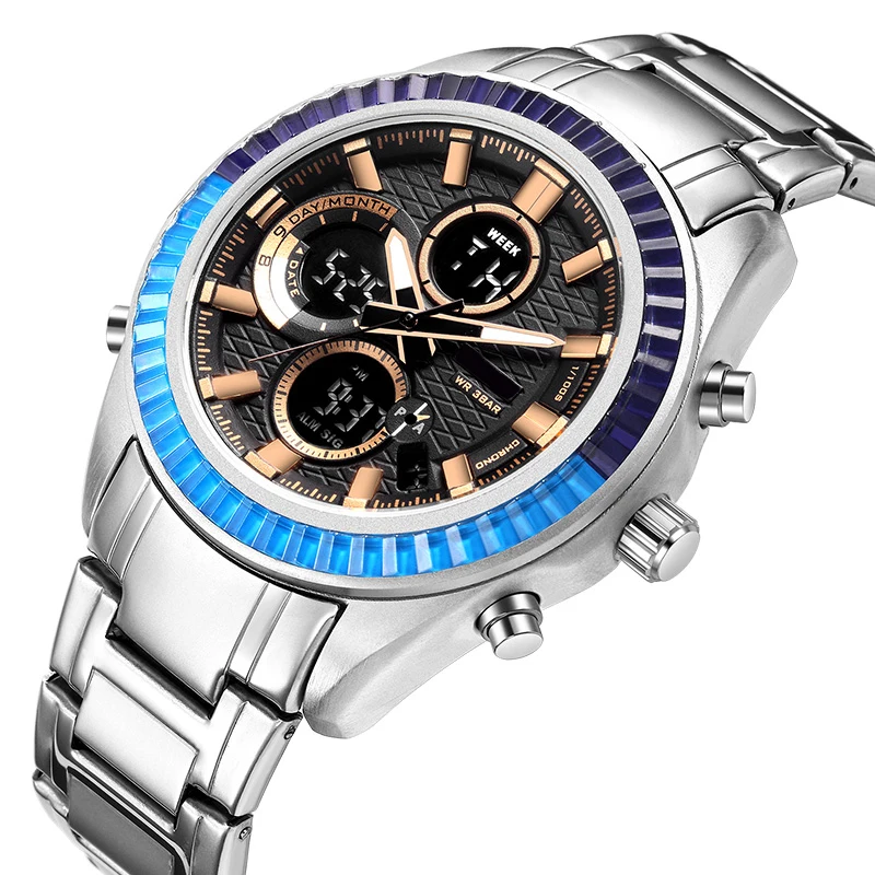 
Blue digital watches 50 meters water resistant watches mens stainless steel men wrist watches 