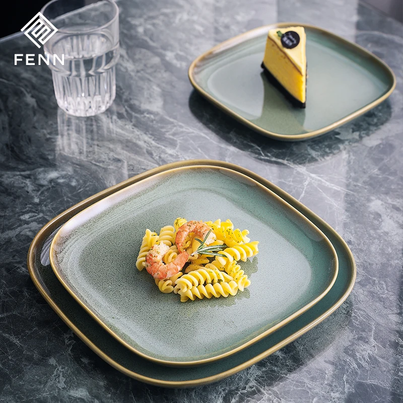 Crockery Glaze Surface Rock Japanese Food Serving Tray Ceramic Green 8 Inch 9 Inch 10 Inch Porcelain Big Square Plates