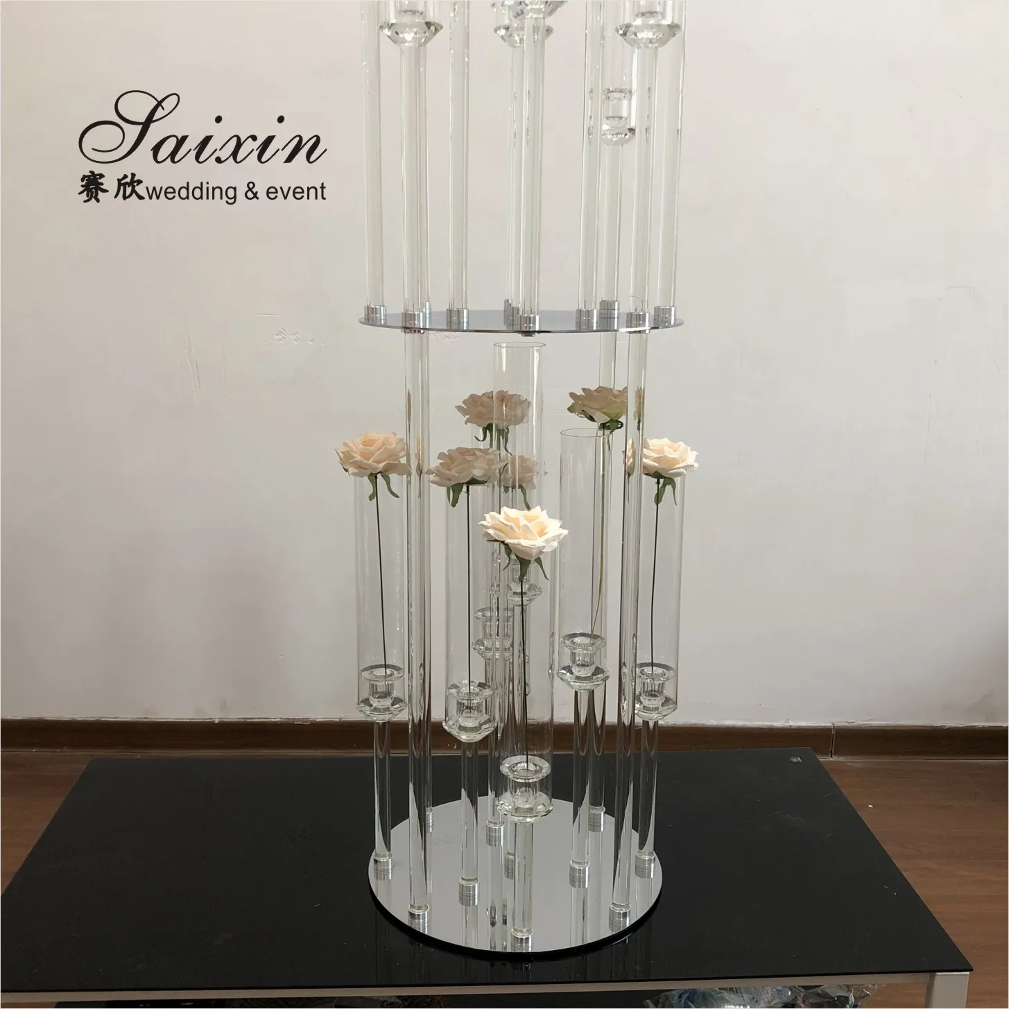 ZT-528C glass tall etched Hurricane candlestick crystal double layer candle holders for large wedding