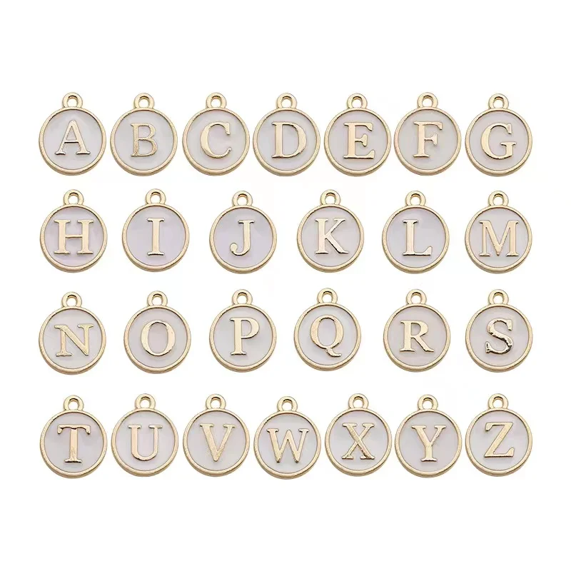 100pcs 12*14MM Round Gold Enamel Alphabet Charms Color Capital Letter Beads Initial Pendants Alloy Jewelry Making Accessories