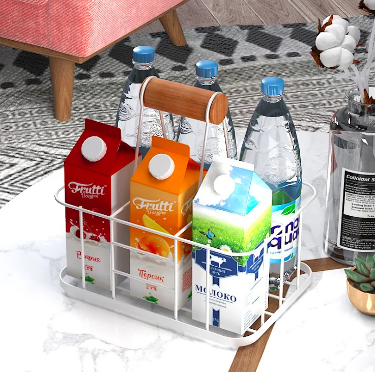 Kitchen Black 6 Bottle Wine Carrier Metal Milk Bottle Caddy Holder with Wood Handle