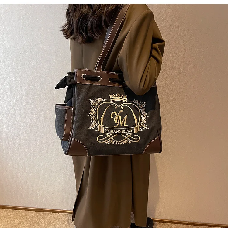 Black Handle Canvas Bag Custom Print Promotional 100% Cotton Canvas Tote Shoulder Bag Wholesale Fashion Large Canvas