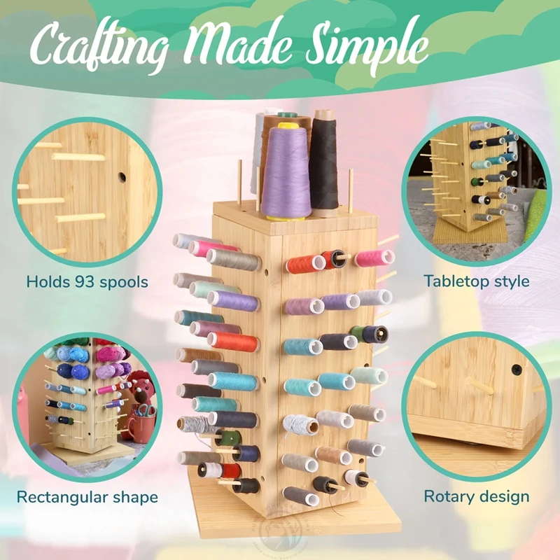 360 Fully Rotating Bamboo Wooden Thread Rack Thread Holder Organizer for Sewing Quilting Embroidery Hair-braiding and Jewelry