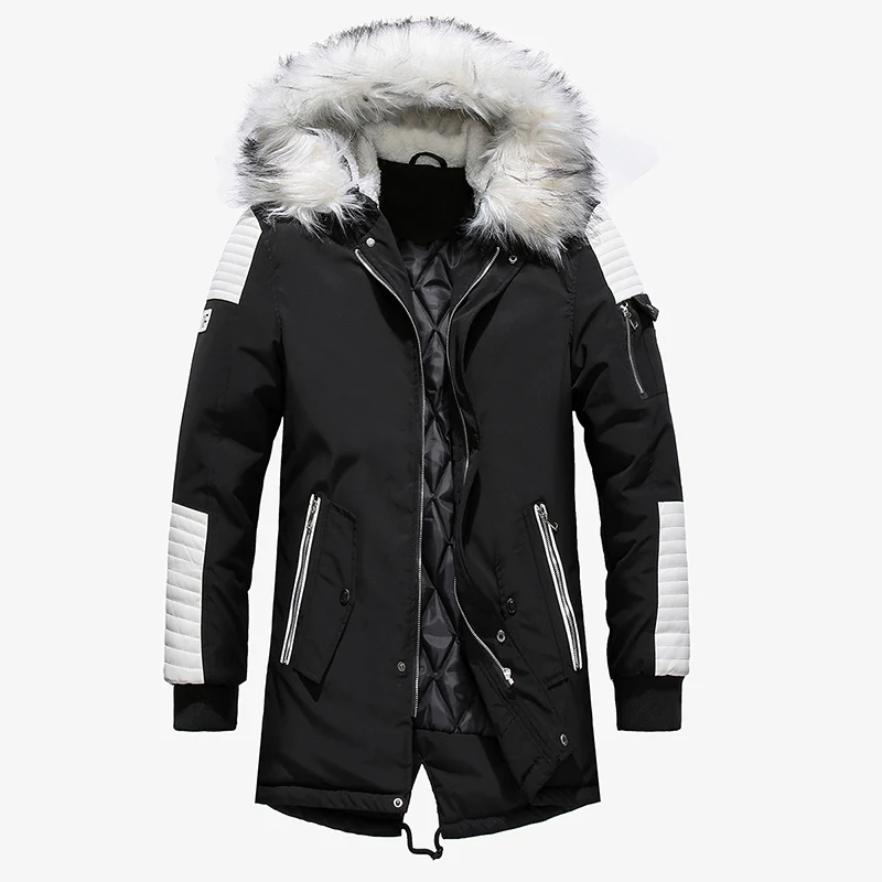 
Wholesale Mens Winter Parkas Coats Fashion Mid Long Padded Warm Coat with Big Fur Hood 