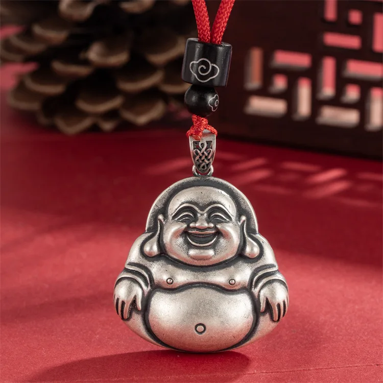 Chinese-style S999 full-foot silver vintage Maitreya Buddha pendant necklace to make old matte Buddha brand national wind Buddha