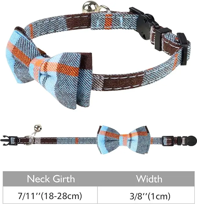 High Quality Comfortable Soft Cat Collar With Bell And Bow Tie Quick Release Safety Collar For Kitten And Cats Tartan Pet Collar
