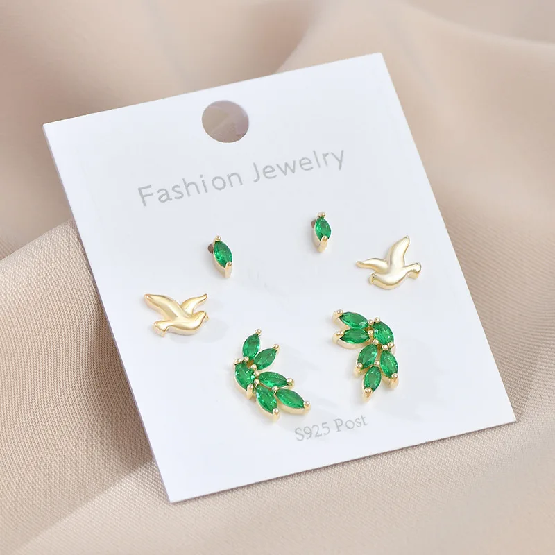 S925 Silver Needle three-piece set ear studs one card three pairs fashionable exquisite small all-match earrings for women