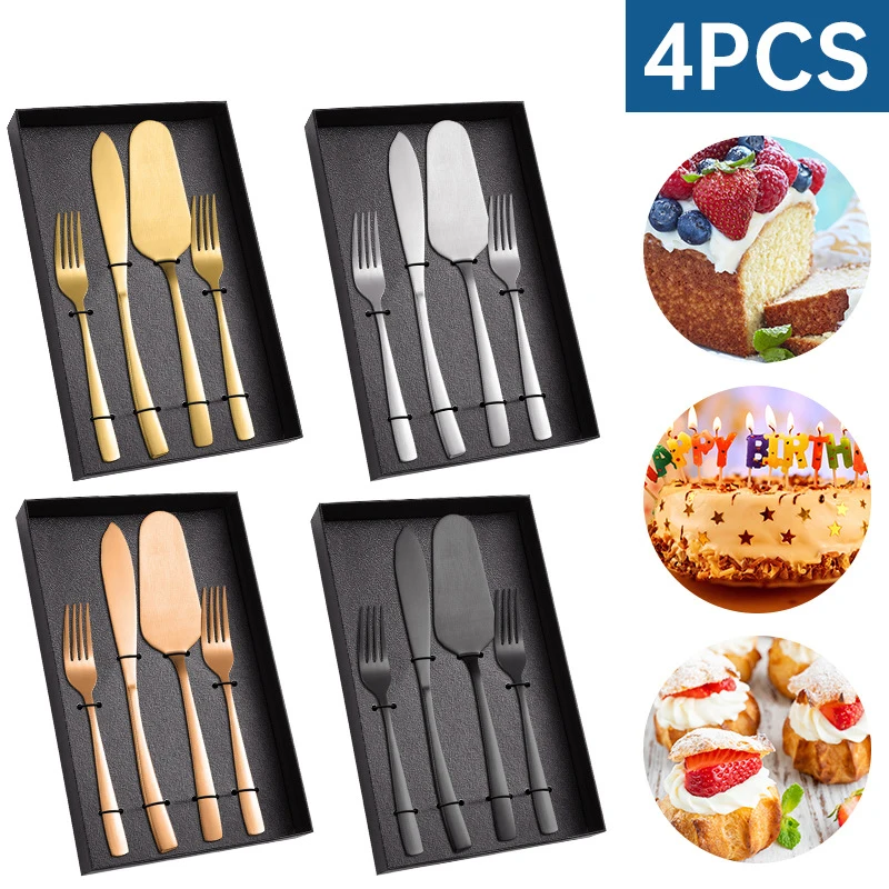 WONDERFUL 4Pcs Stainless Steel Wedding Presents Cake Cutting Spatulas and Pie Server Gold Knife and Server set with Forks