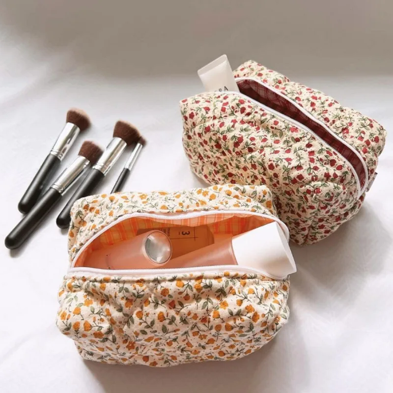 RTS Floral Terry Cloth Towel Cosmetic Bag Women Makeup Brush Bag Cherry Travel Storage Bag
