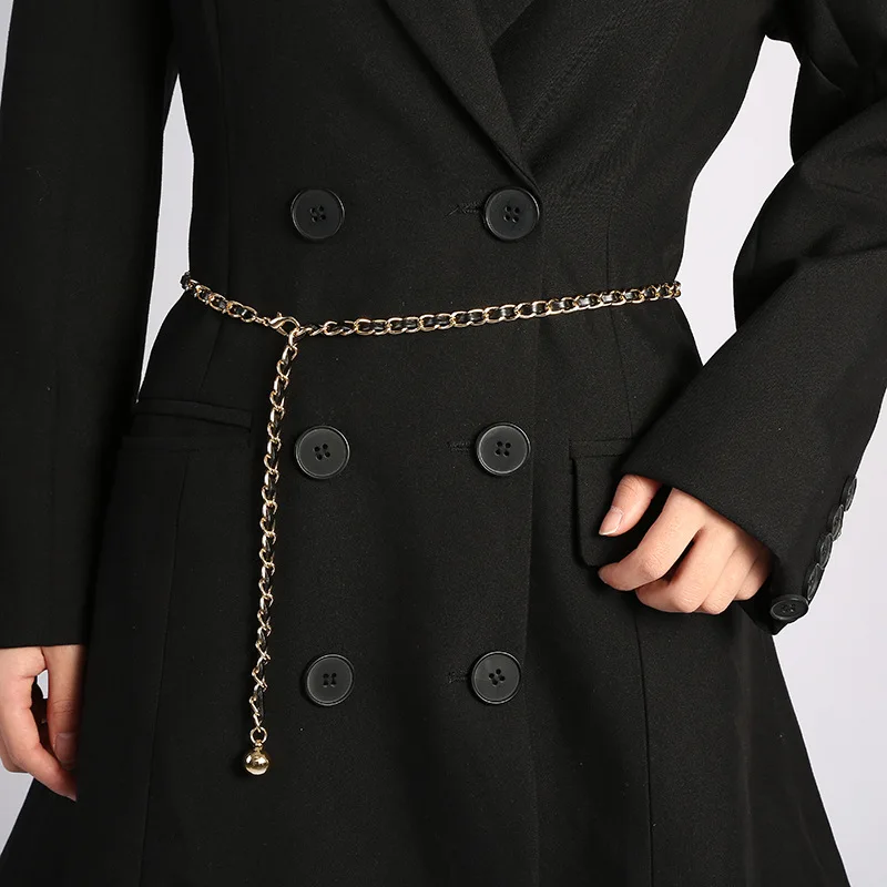 Single Layer Gold Ladies Black PU Dress Waist Chain Belt With Round Bead Heart Flower