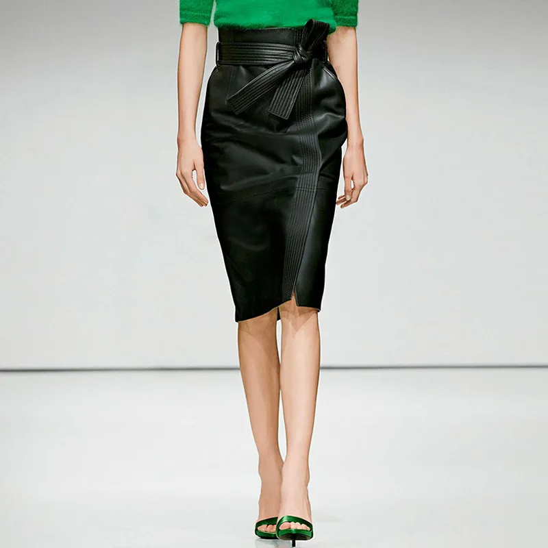 Fashion Midi Sexy High Waist Bodycon Skirt Office Knee Length Skirts Solid Colours PU Leather Elegance Skirt