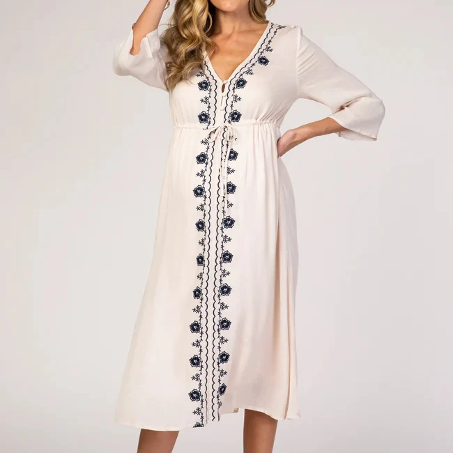 Floral Embroidered 3/4 Sleeve Maternity Mid pregnancy dresses maternity for photography pregnant dresses women maternity clothes