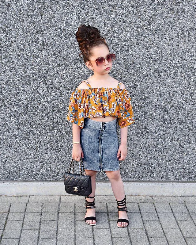 High Quality Floral Suspender Top and Denim Skirt Kids Girl Clothes Set