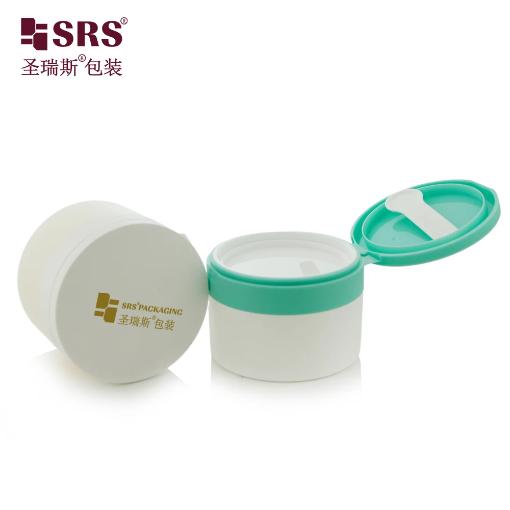 SRS1-120g Cylinder Lake Blue Colored PP Plastic Jar Set Cosmetic container with Blue Flip Cap with Attached Spoon for Eye Care