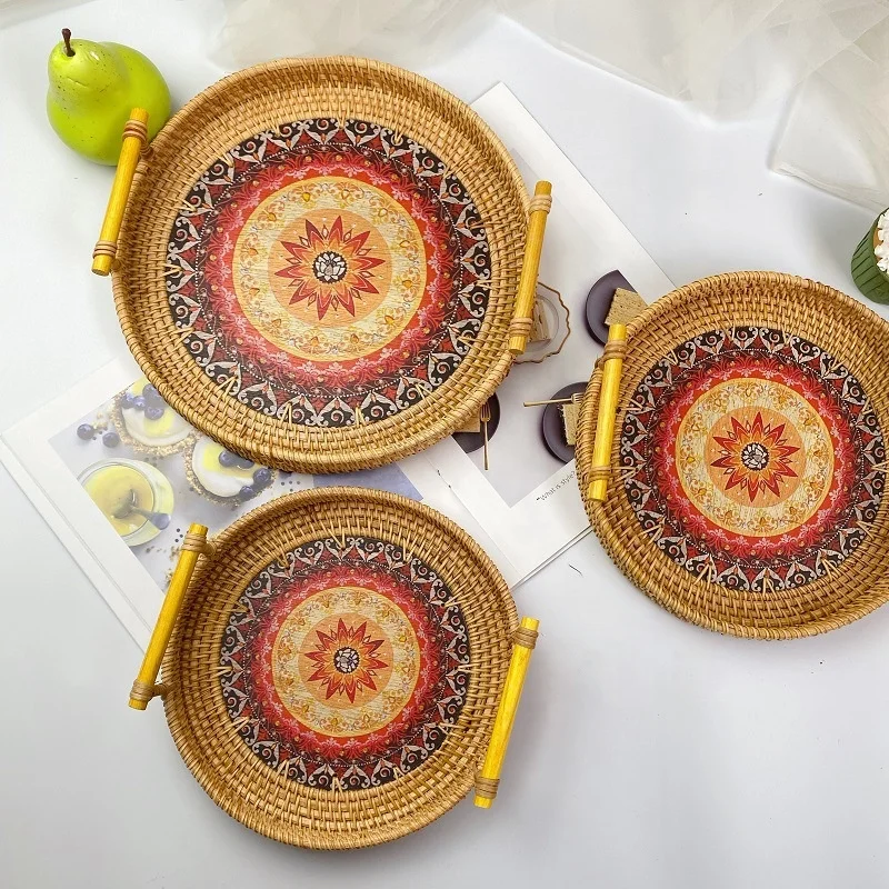 Serving Coffee Table Decorative Basket Colorful Vietnam Vintage New Design Rattan Woven Round Tray