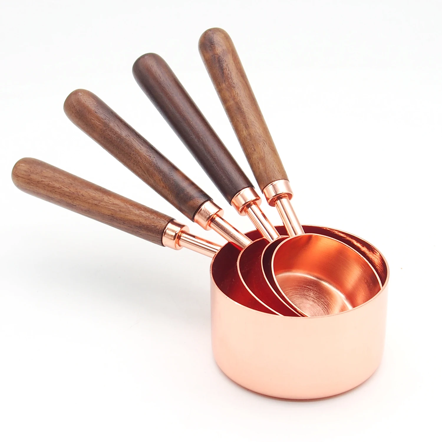 
Hot Selling 4pcs copper Stainless Steel Rose gold Measuring Cups set With Wooden Handle 