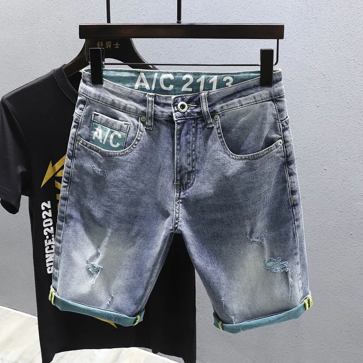 High Quality Men Summer Jean Shorts High Street Vintage Loose Fit Distressed Washed Ripped Men Denim Shorts