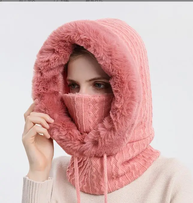 2022 winter woman hooded hats custom chunky thermal fleece balaclava ski hat