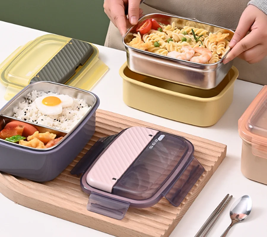 1050ml Thermal Insulation Lunch Box, Two Stainless Steel Compartments Bento Food Container