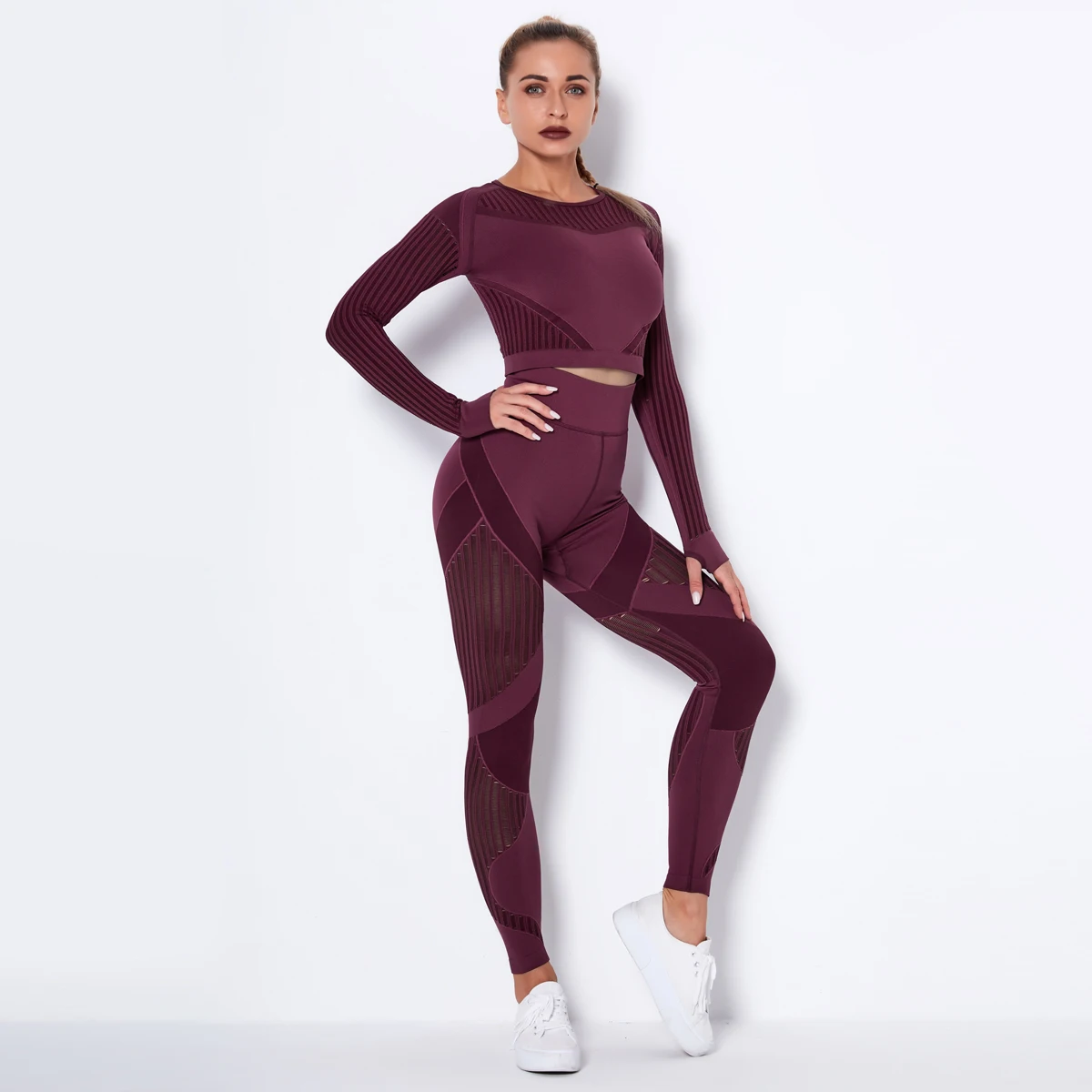 
Women Seamless High Waist Gym Mesh Long Sleeve Sports Running Thin Yoga Sets 