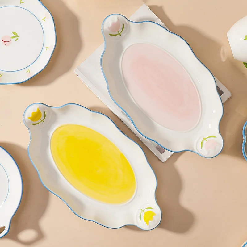 korean flower nordic blue floral fine china ceramic embossed fancy tulip dinnerware sets