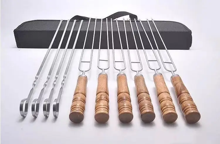 10pcs BBQ Forks Stainless Steel Barbecue Stick bbq Needle Skewers Wooden Handle BBQ Tools with bag