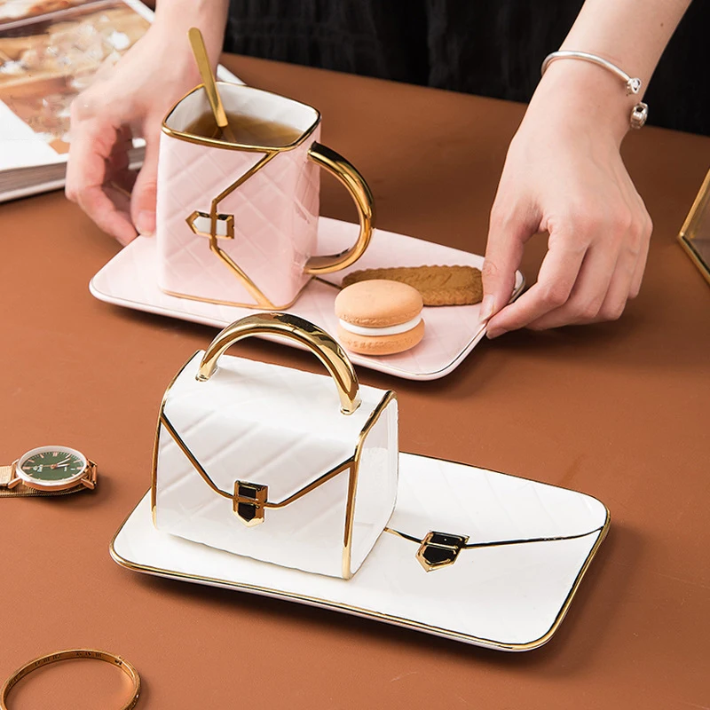 Creative Bag Shaped Ceramic Coffee Mugs with Gold Handle and Dessert Plate Character Mugs for Gifts