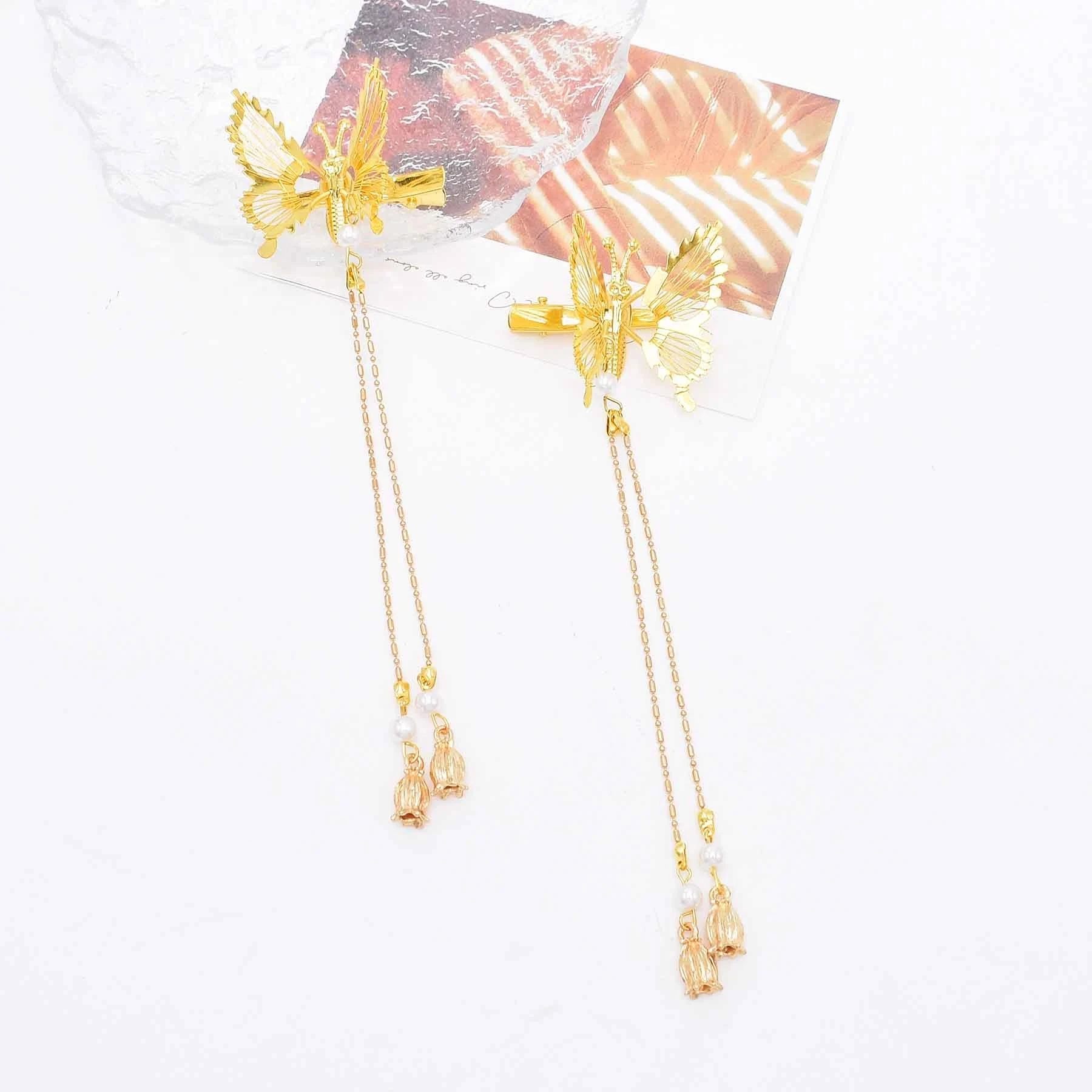 2 Pieces Butterfly Hairclips Women Gold Plated Long Tassel Cute Bangs Hair Jewelry