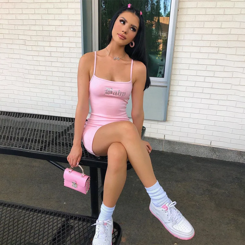 Summer Trends Apparel Women Clothes White Pink Sexy Rhinestone Letter Camisole Strap Dresses 2022  Dress