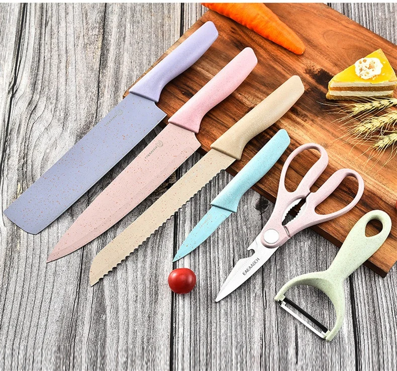 
Hot Sale 6 Pcs Cooking Accessories Kitchen Knife Wheat Coating Colorful Stainless Steel Kitchen Knife Set 