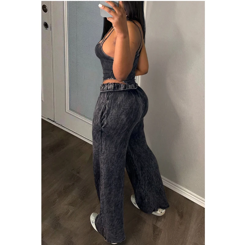 Women fitted bodysuit set good stretchy ribbed snatched bodysuit with oversized jogger pants two pieces sets