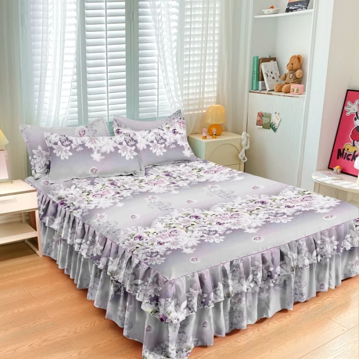 Lace Bed Sheet Skirt Set Floral Printed Bed Cover Single/Queen/King Size Bedspread + 2 pcs Of Pillowcase Bedsheets