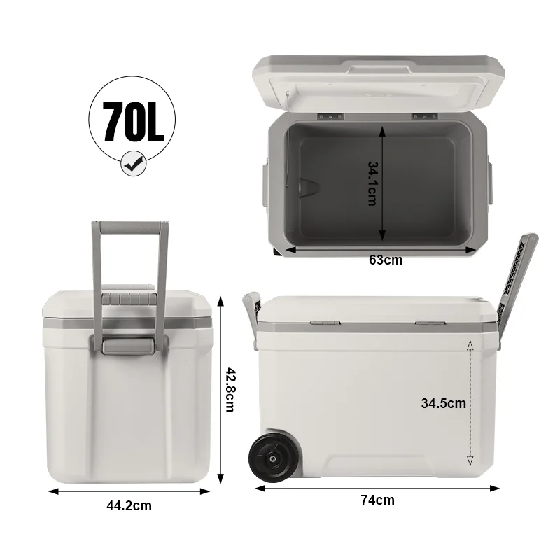 Everich Hot Seller Wheeled Insulation Hard Cooler Box 70L Food Grade Material Keep Cold 48 Hours And Hot 3 Hours Camping Use