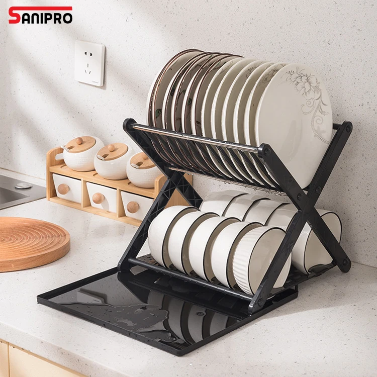 SANIPRO X-style Plastic 2-layer Kichen Plate Drying Rack Cutlery Dish Drainer Multi-Purpose Storage Holders with Drain Board