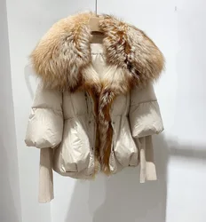 New Arrivals Puffer Bubble Goose Down Coat Women With Detachable Natural Silver Fox Fur Collar Thick and Warm Parka Women