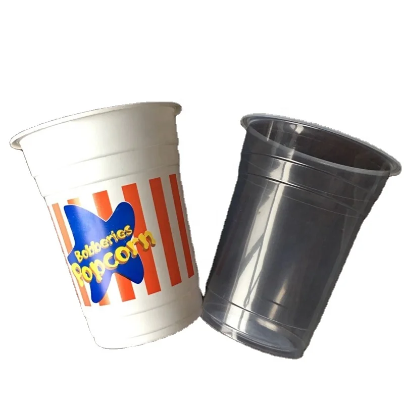 Plastic popcorn bucket with lid and printed logo
