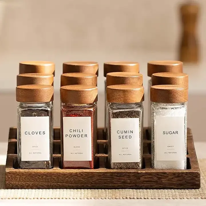 Clear Glass Empty Square Spice Bottle Jars With Bamboo Wooden Lids 4 Oz 120ml
