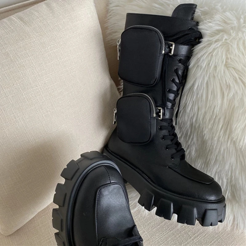 High Quality Genuine Leather Model Women Pocket Motorcycle Boots Platform Lace Up Thick-soled Knight Boots Shoes Women