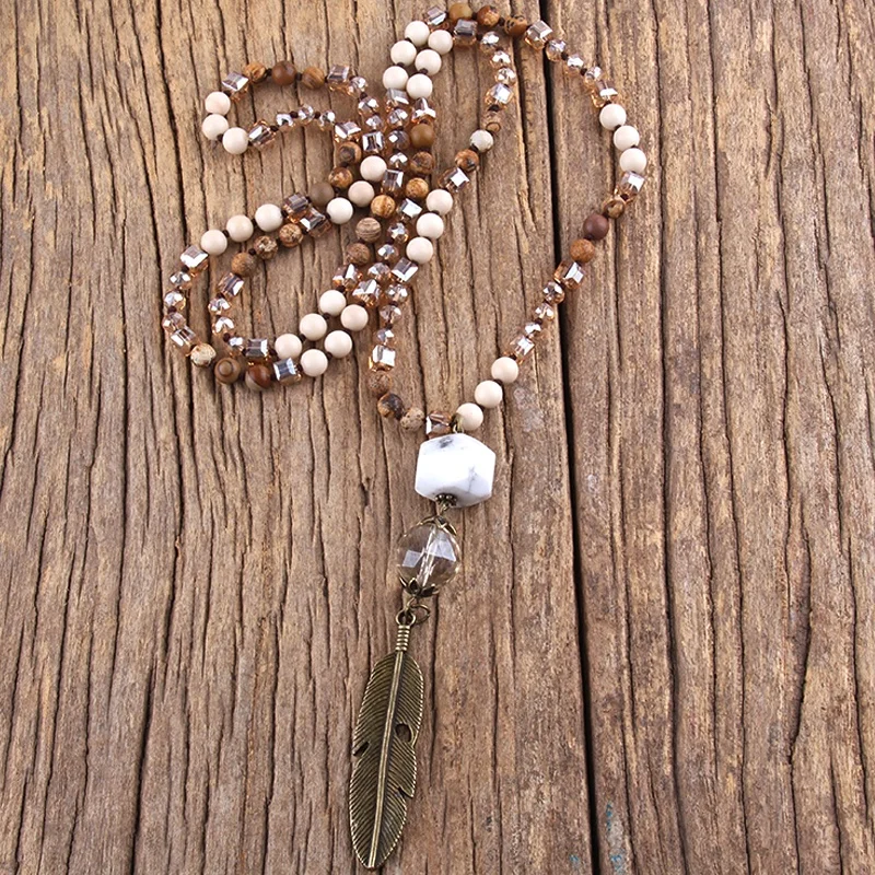 6mm Crystal Glass Natural Gemstone Beads Pic jasper Amazonite Leaf Pendant Necklace