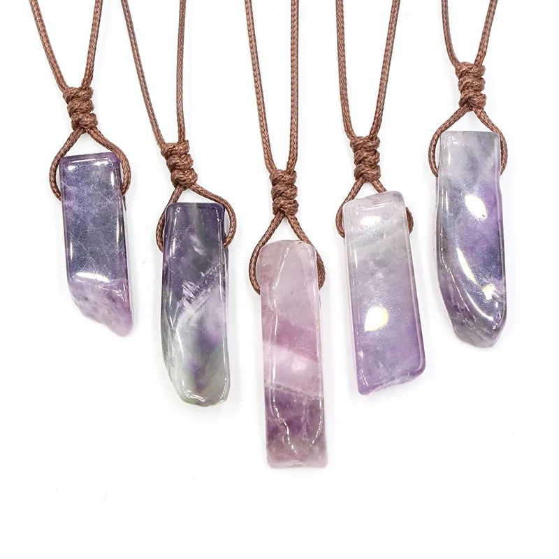 Fashion Natural Stone Crystal Quartz Irregular Chips Pendant Necklace With Adjustable Brown Rope For Women And Men