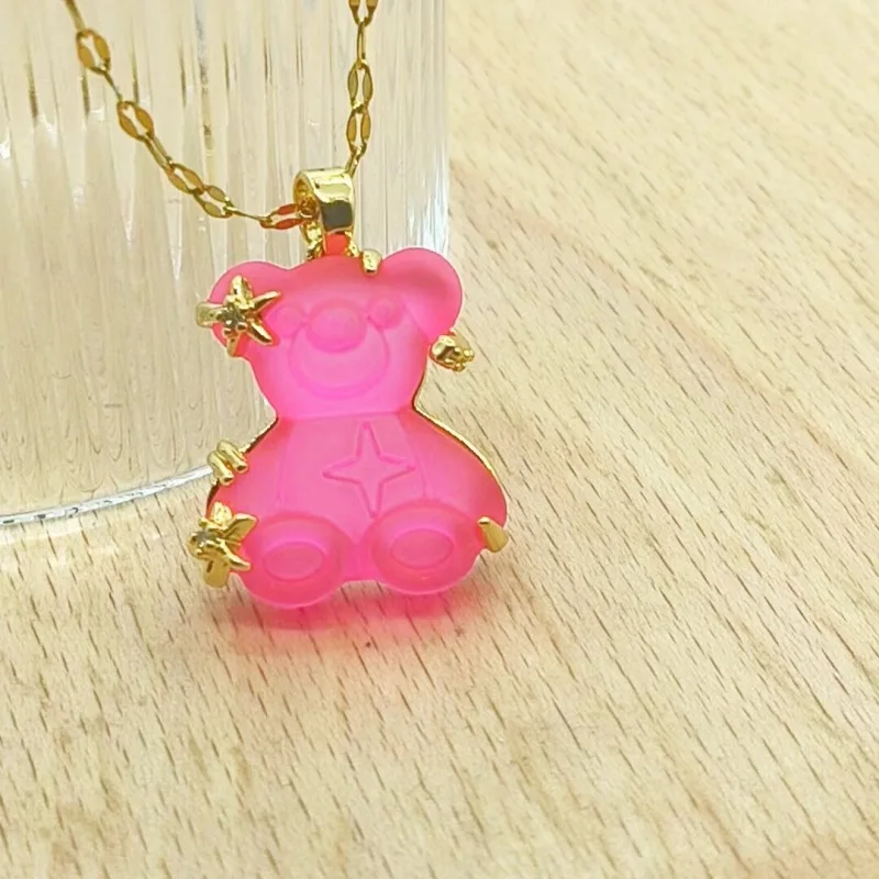 Cute Bear Stainless Steel Gold Plated Resin Waterproof Star Zircon Necklace
