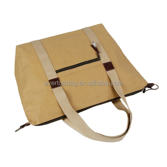 ECO Friendly Reusable Tote Shopping Zipper Washable Dupont Tyvek Kraft Paper Bags with Cotton Handles