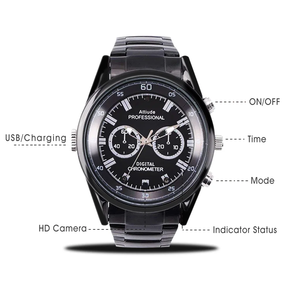 Fashion 12.0MP waterproof Factory Direct sell Black Hidden Spy Smart HD 1080P IR Camera Watch With 32GB memory