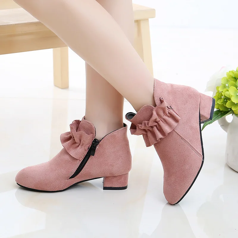 China Supplier New Brand Girls Winter Warm Boots Kids Fleece Short Boots Girls High-heeled Princess Single Boots
