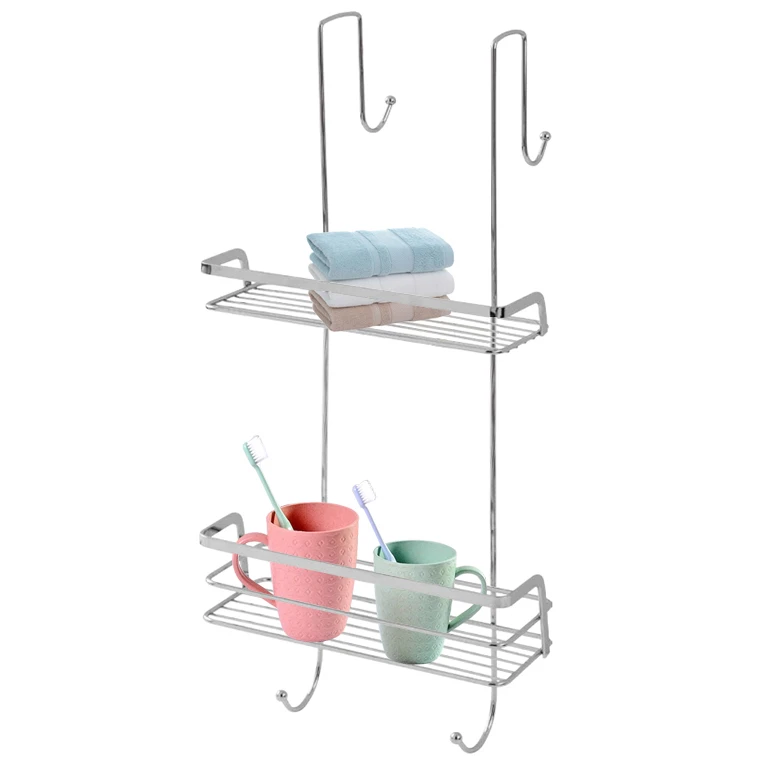 rustproof 2 Tier wall bathroom hanging storage shower shelves over head shower caddy with hooks over the door