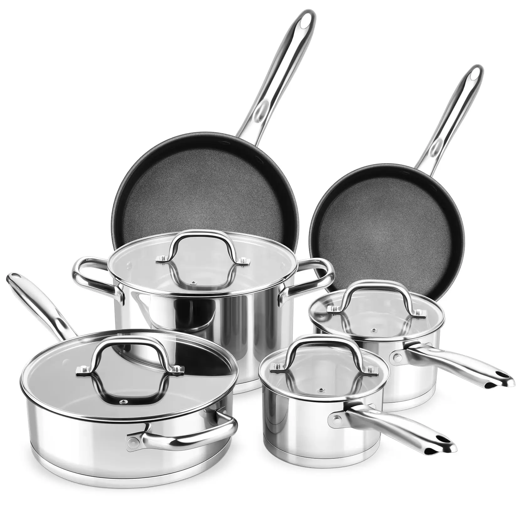 Wholesale Custom Kitchen Stainless Steel Cooking Pot Set Non-Stick Pots And Pans Set With Silicone Handle 10 Pieces Cookware Set