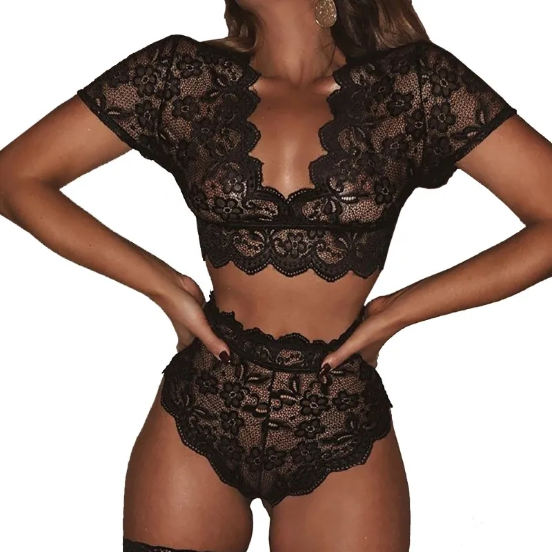 
High Quality Women Sexy Lingerie Set Lace Bra and High Waist Panty 2 Pcs Babydoll Teddy Lingerie Bodysuit 