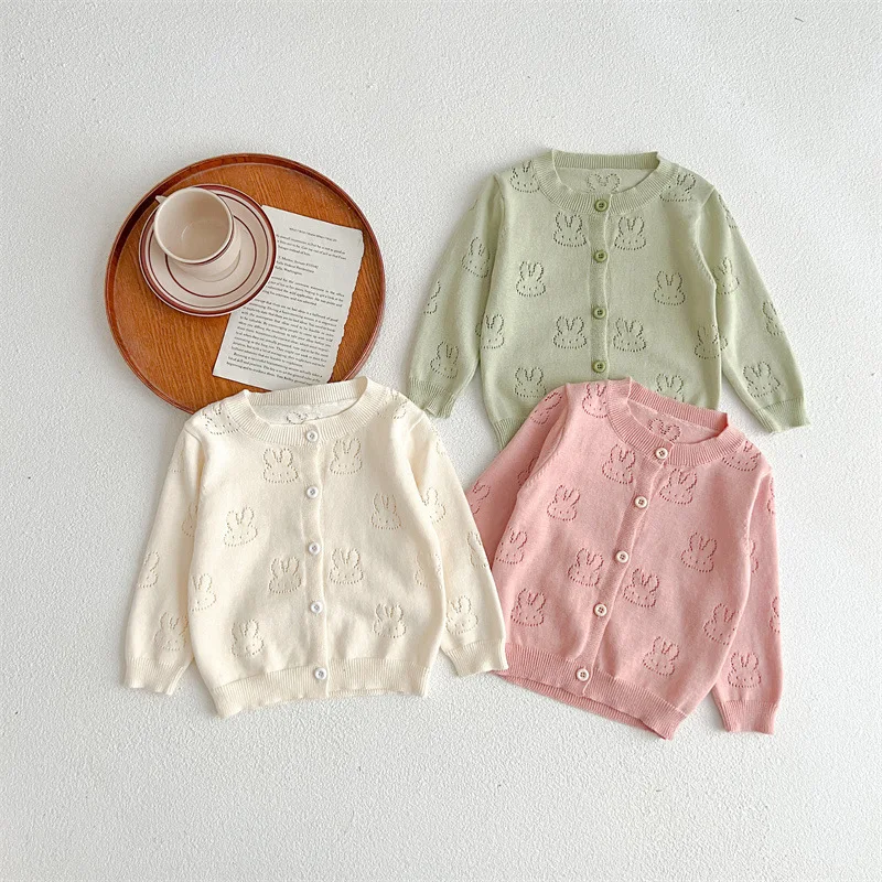 Boutique Spring Autumn Newborn Kids Rabbit Pattern Long Sleeve Solid Color Cotton Knitted Cardigan Baby Girl Sweater