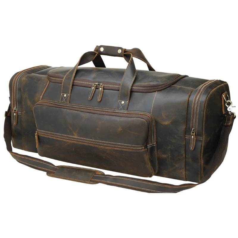 Large Volume Male Dark Brown Vintage Leather Duffle Weekend Travel Bag For Men With Full Grain Cowhide Crazy Horse Leather