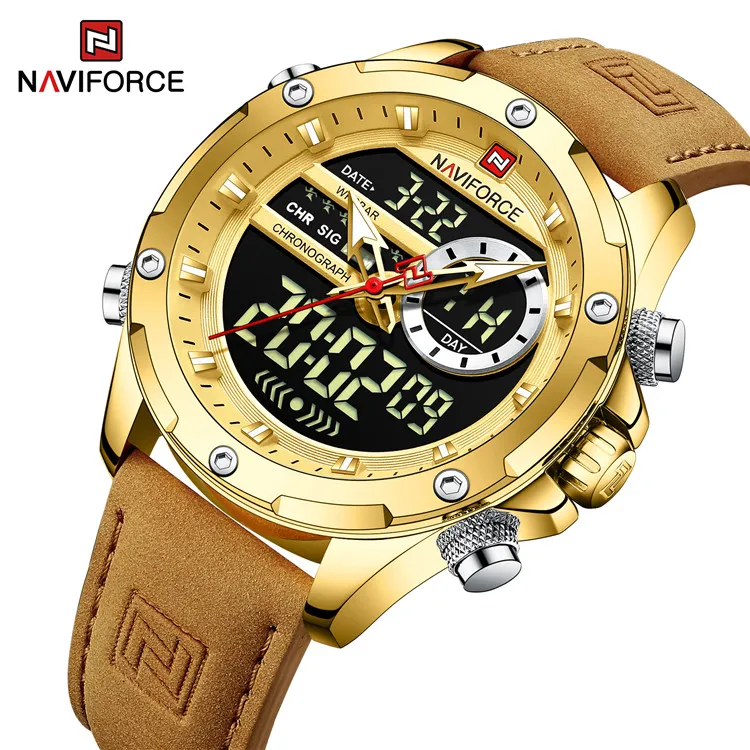 NAVIFORCE 9208 GGLBN Luxury Gold Watches For Men Casual Sports Chronograph Alarm Quartz Wrist Watch Leather Waterproof Digital